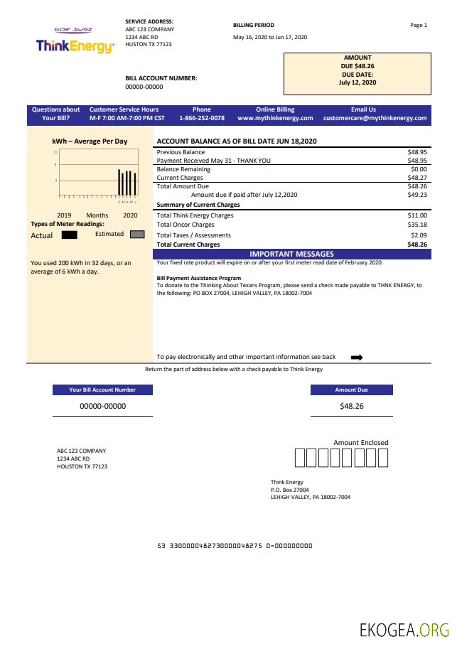 USA Think Energy utility bill template in Word and PDF format